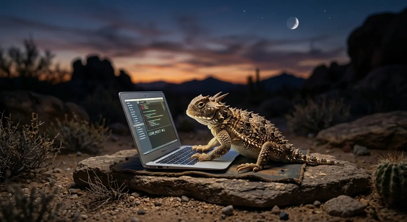A horned lizard writing code in the desert at sunset